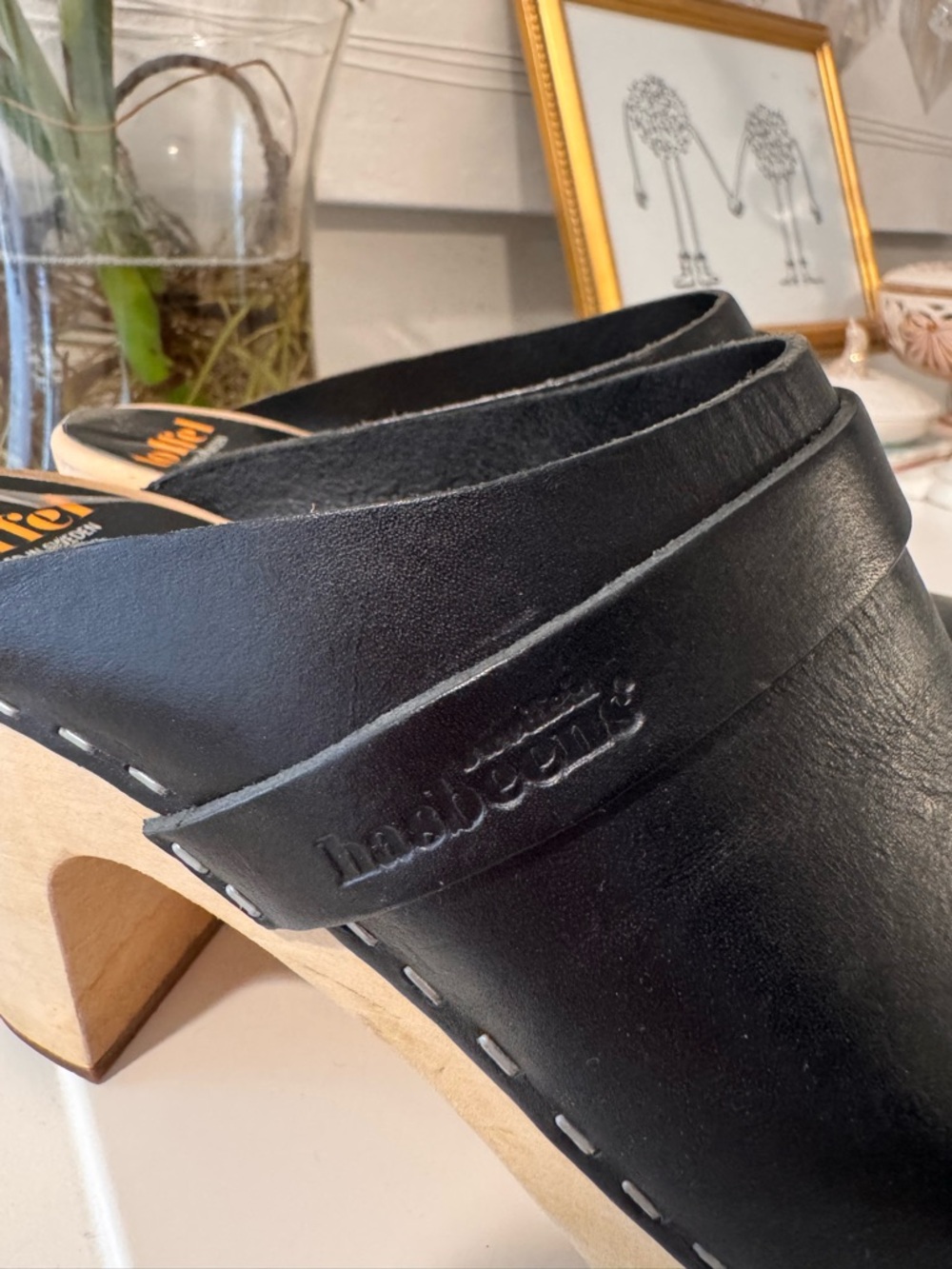 Swedish HASBEENS Black Leather Mule Clogs - wooden Heal Timeless chic ER38/US7.5 - Picture 10 of 16